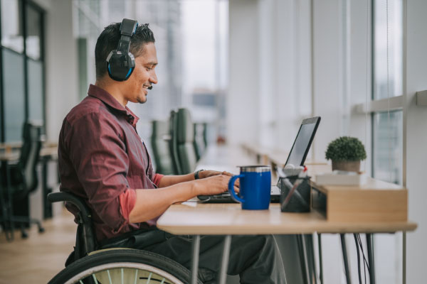 Professional participating in a video conference call.