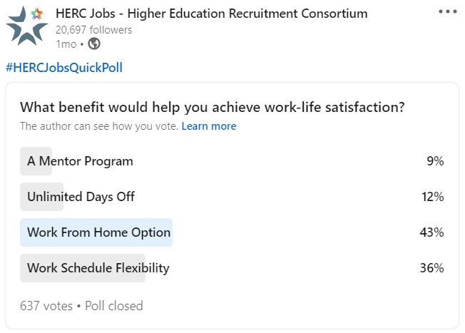 HERC Jobs LinkedIn Poll: What benefit would help you achieve work-life satisfaction?