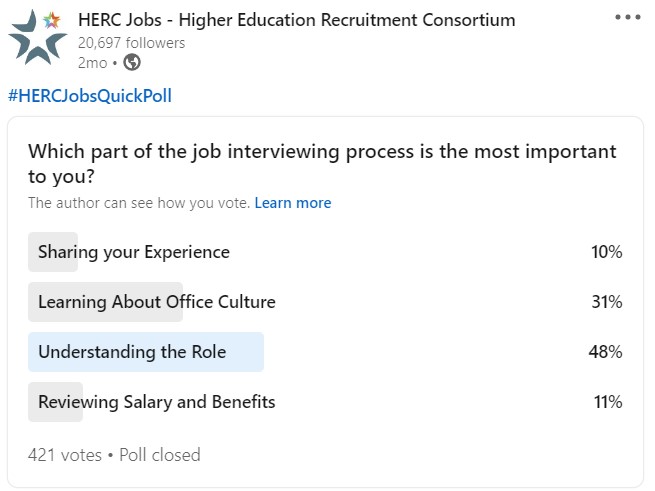 HERC Jobs LinkedIn Poll: Which part of the job interviewing process is the most important to you?