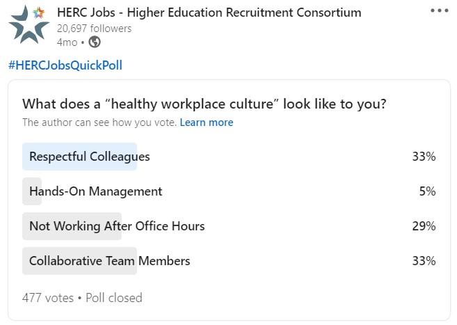 HERC Jobs LinkedIn Poll: What does a healthy workplace culture look like to you?