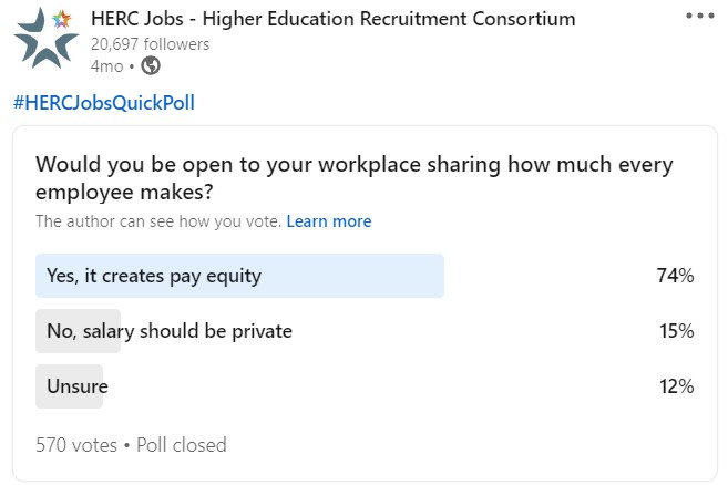 HERC Jobs LinkedIn Poll: Would you be open to your workplace sharing how much every employee makes?