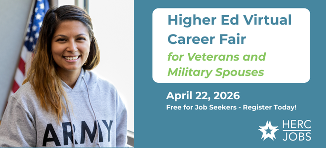 Image of person wearing an "Army" sweatshirt and text: Higher Ed Virtual Career Fair for Veterans and Military Spouses, April 22, 2026 Free for Job Seekers - Register Today!