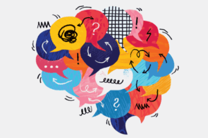Burnout: Cartoon illustration of a brain made up of speech bubbles