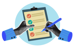 Graphic of hands checking of a professional reference list on a clipboard.