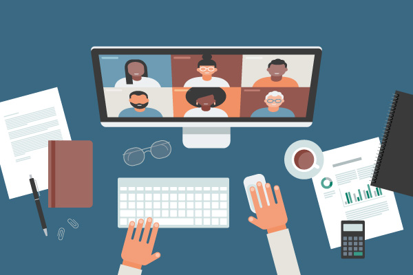 Accessible Career Paths: Illustration of a desktop with computer monitor, keyboard, and worker's hands