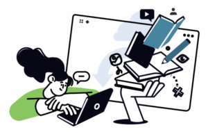 Illustration of a person on their laptop taking online classes for a micro-credential