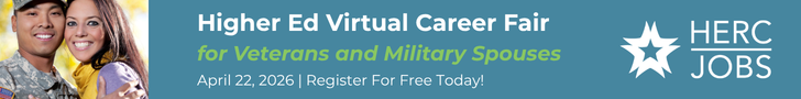 Smiling military couple and text: Higher Ed Virtual Career Fair for Veterans and Military Spouses, April 22, 2026, Free for Job Seekers - Register Today!