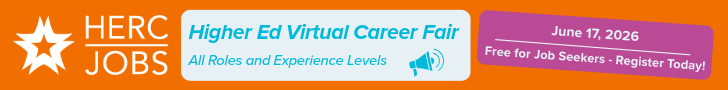 Text: HERC Jobs Higher Ed Virtual Career Fair All Roles and Experience Levels June 17, 2026 Free for Job Seekers - Register Today