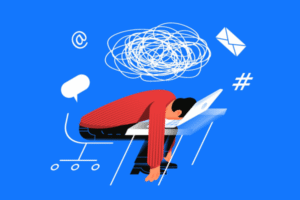 Career Stagnation: Illustration of a frustrated job seeker with their face planted on the keyboard of their laptop
