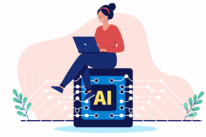 Illustration of job seeker on their laptop, sitting atop a block with text "AI" on it