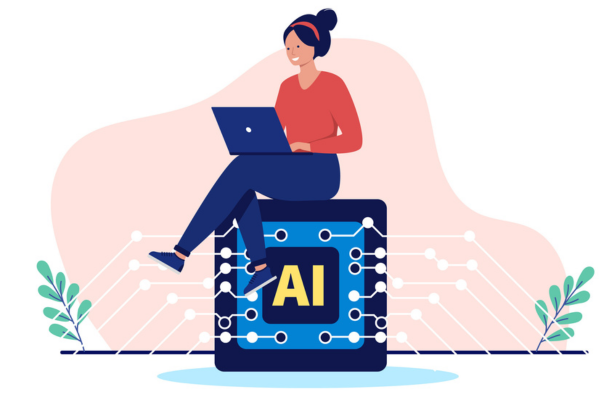 Illustration of job seeker on laptop sitting atop a block with text "AI" on it