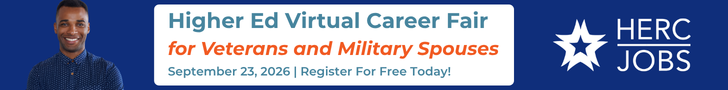 Smiling veteran job seeker with text: Higher Ed Virtual Career Fair for Veterans and Military Spouses, September 23, 2026, Register for free today!