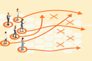 Illustration of people looking at arrows pointing to different paths
